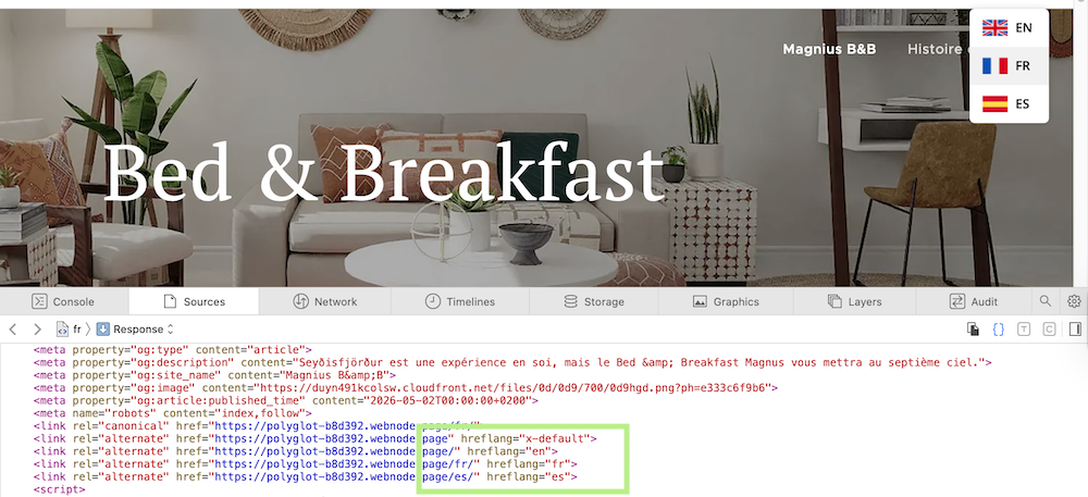 hreflang Tag im Quellcode der Website anhand einer Bed&Breakfast Beispielwebsite