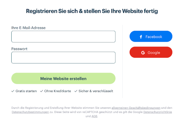 Anmeldung bei Webnode mit deiner E-Mail Adresse