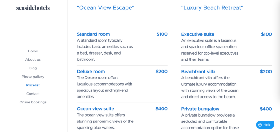 An sample of a hotel website create using Webnode's AI Builder, showing AI-generated prices and rooms.