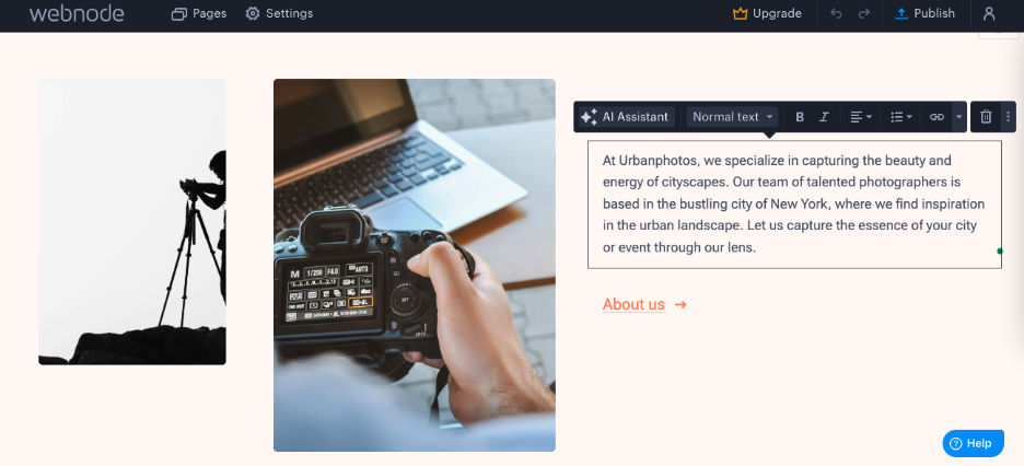 Webnode's AI Assistant is editing a website.