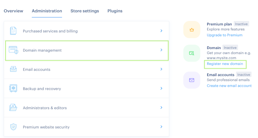 Domain management and registration in project administration