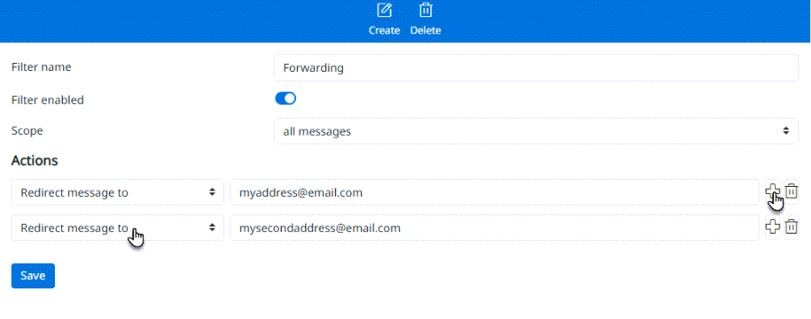 Setting up a forwarding filter in Webnodes webmail.