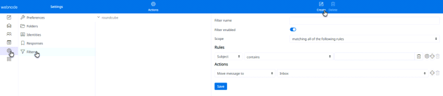 Set up an email filter in Webnodes webmail.