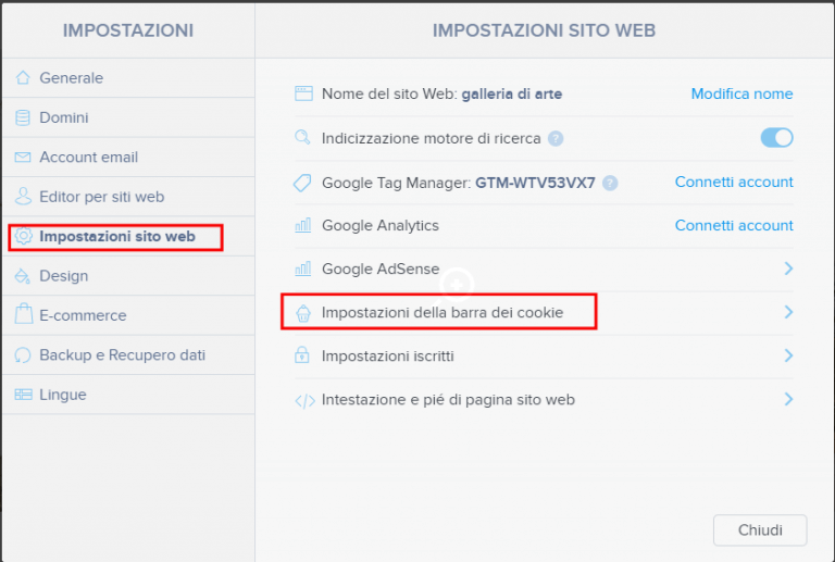 Impostazioni dei cookies di Webnode