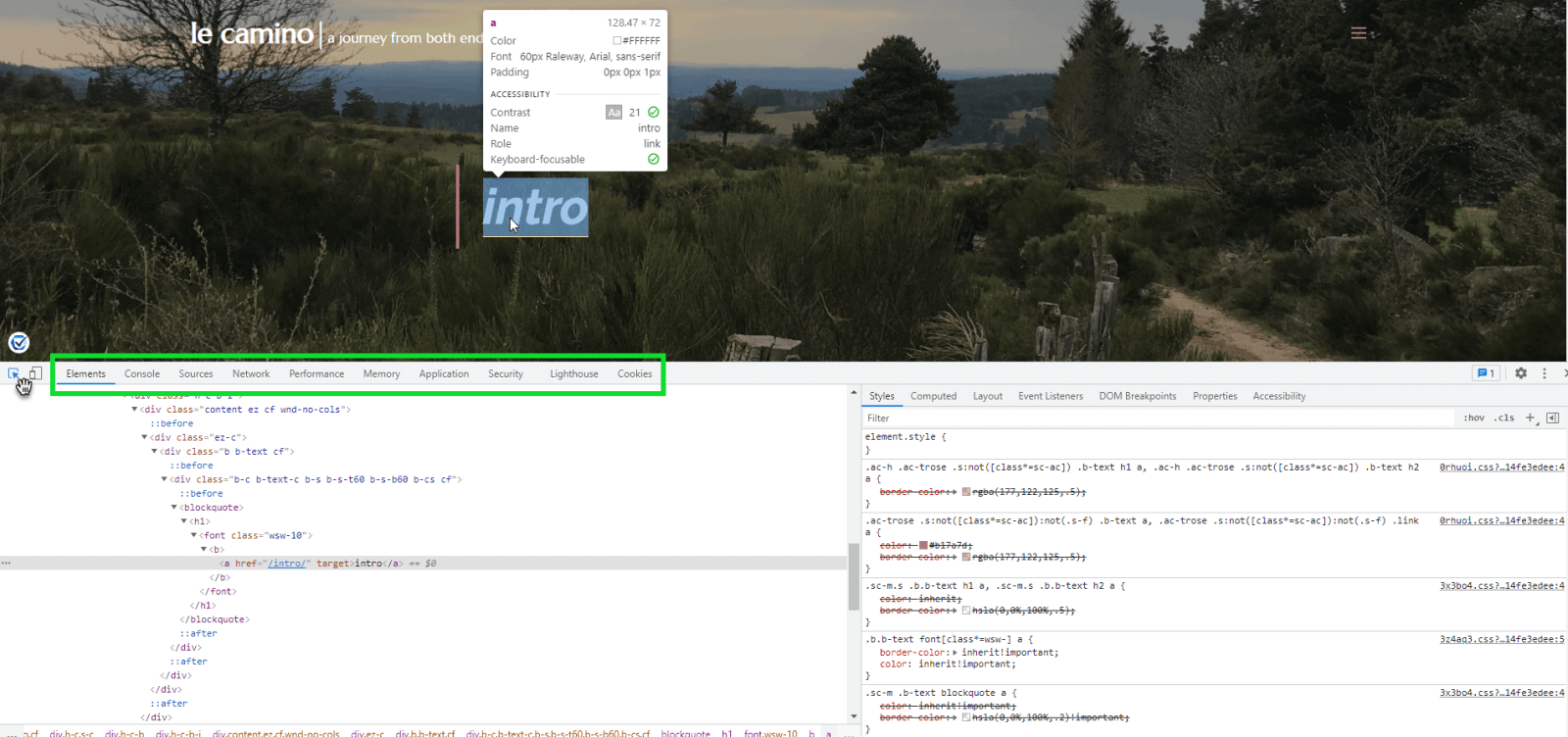 Example of showing the source code of a website in the developer tools window of the browser