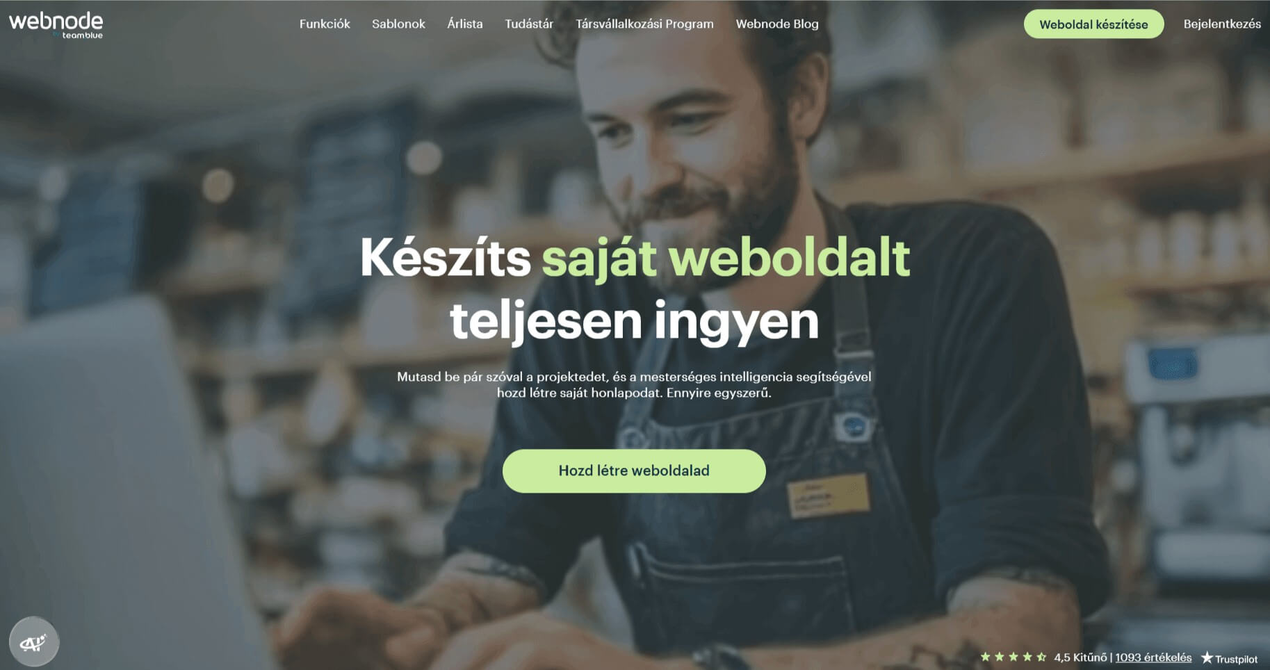 A Webnode kezdőlapja, amely arra hívja a látogatókat, hogy „készítsd el saját weboldaladat ingyen, másodpercek alatt"