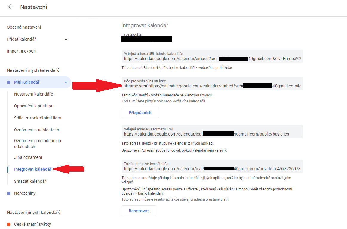 integrace Google kalendáře na web