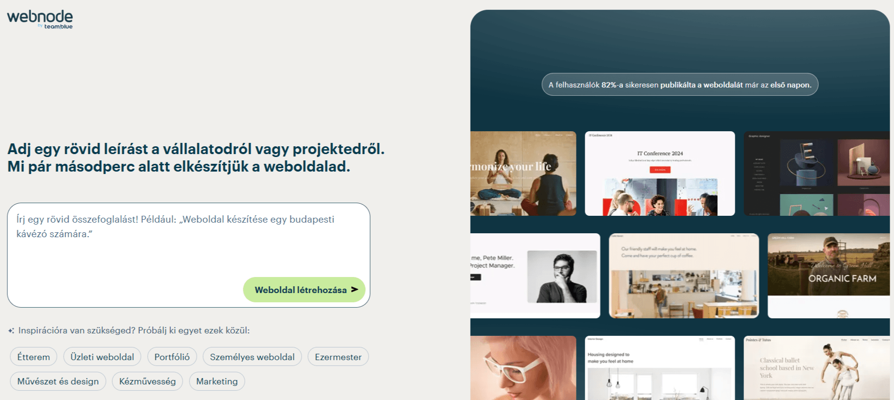 Képernyőkép a Webnode-dal történő weboldalkészítés első lépéseiről