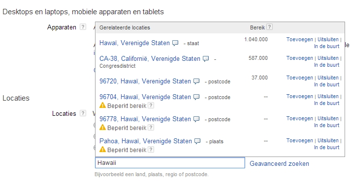 locatie zoeken google adwords