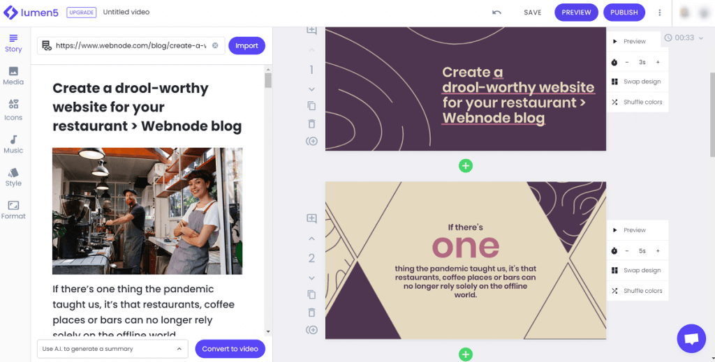 Un article de blog webnode transformé en vidéo avec le générateur vidéo Lumen