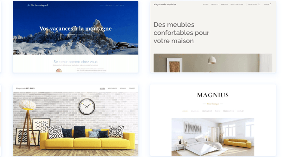 Une image présentant quelques-uns des modèles « Accueil et Hébergement » de Webnode, qui incluent des options pour la création de sites web d'hôtels.