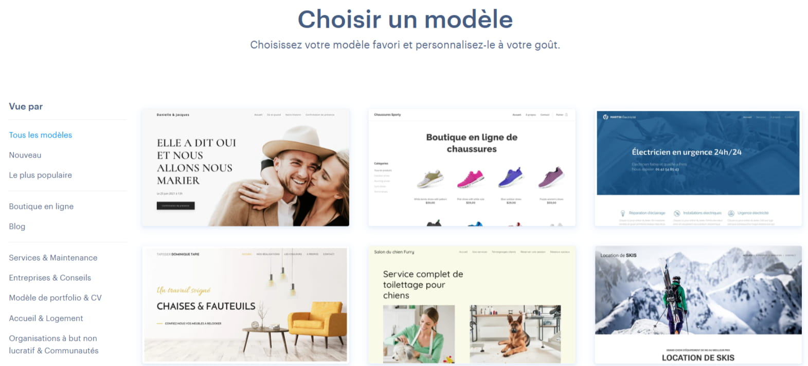Les modèles et les catégories de modèles de Webnode
