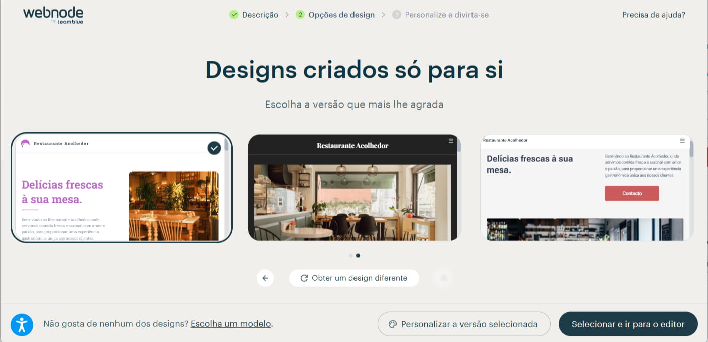 Modelos de sites gerados com IA na Webnode