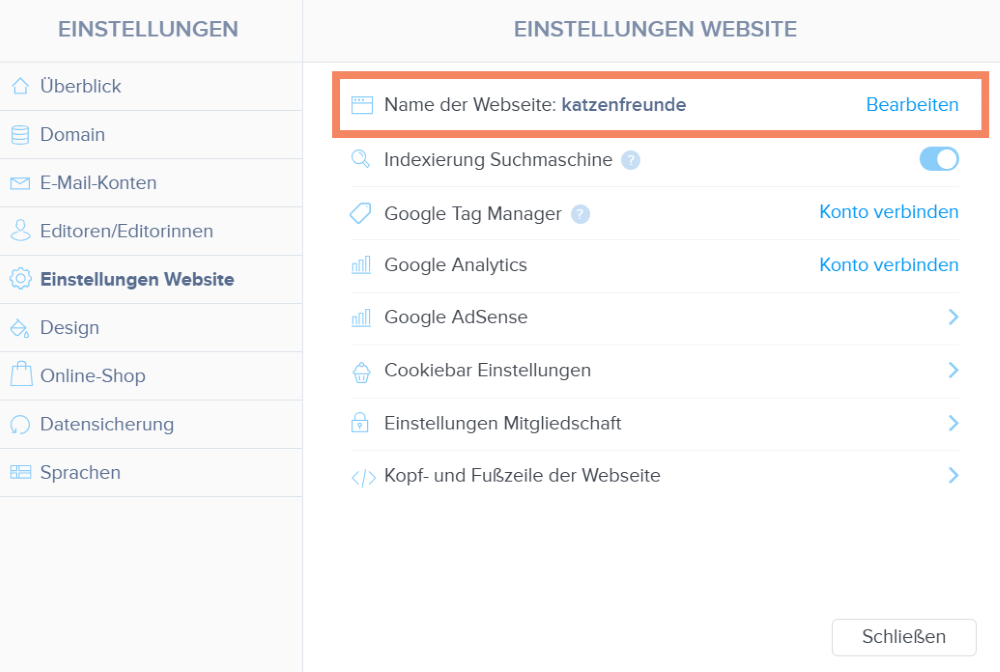 Name der Website im Webnode CMS