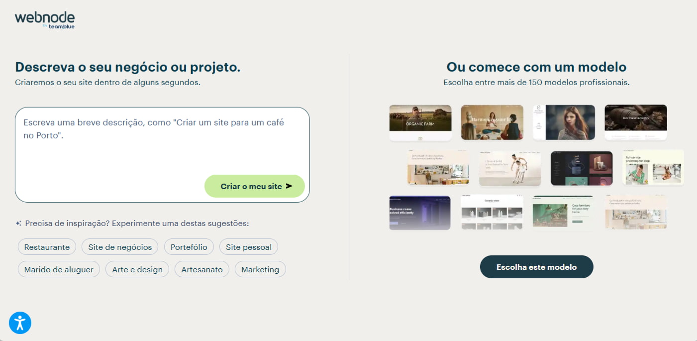 Criação de sites com a ajuda de IA na Webnode - descreva o seu negócio ou projeto