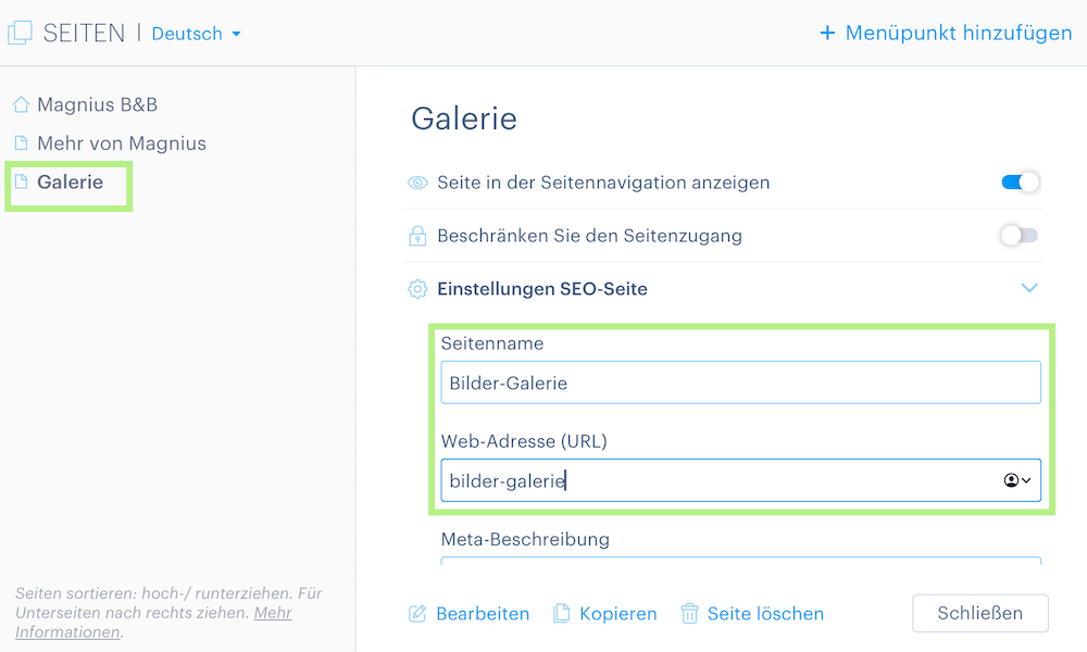 SEO-Einstellungen der einzelnen Seite im Webnode Editor