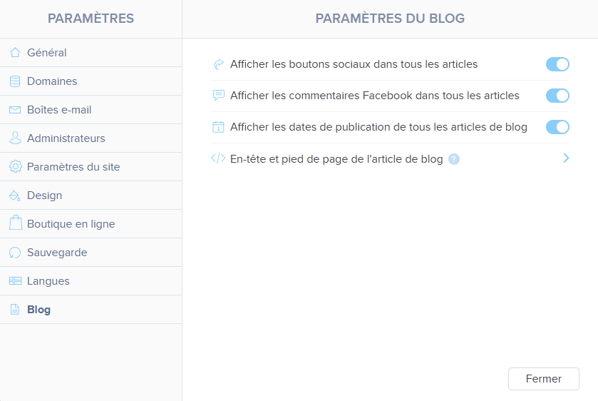 Boutons de partage et commentaires sur le blog Webnode