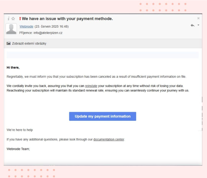 Egy példa egy Webnode-felhasználókat célzó adathalász e-mailre