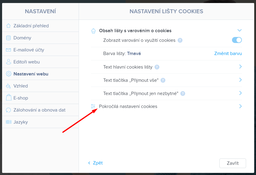 Webnode Pokročilá nastavení cookies