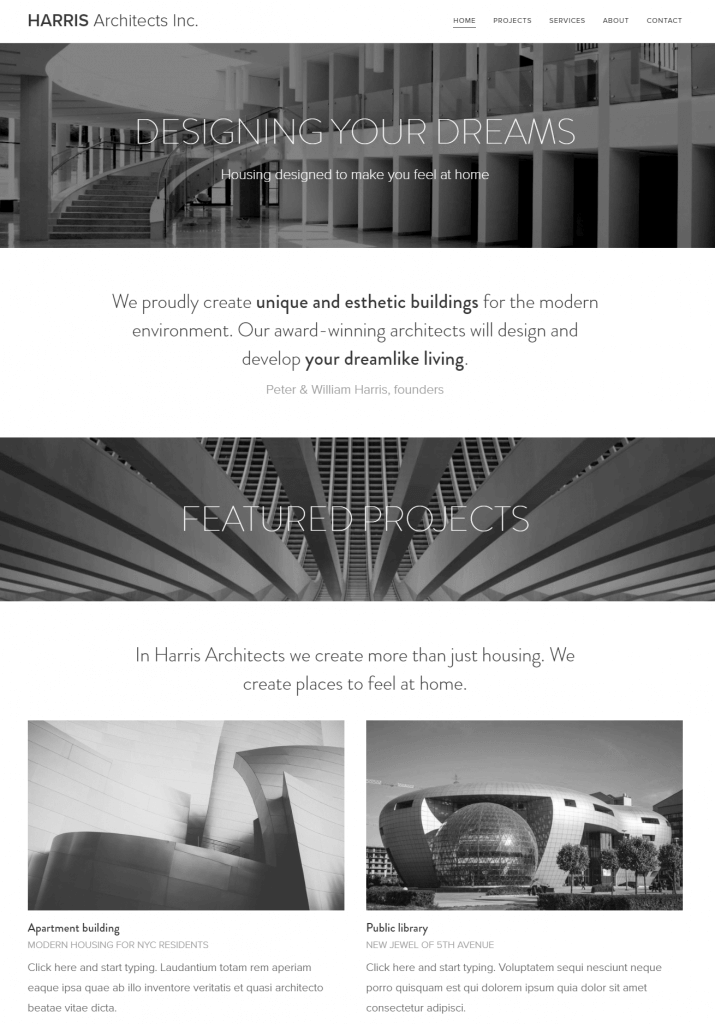 Homepage di uno studio di architettura con progetti in primo piano