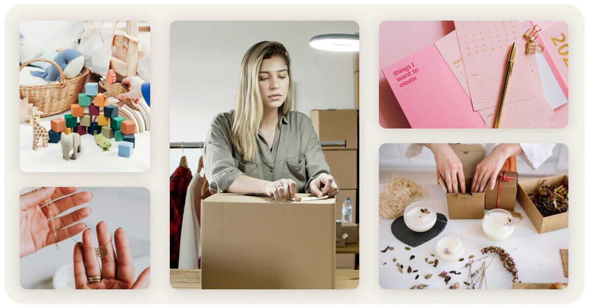 Collage présentant différentes catégories de créations artisanales à vendre en ligne