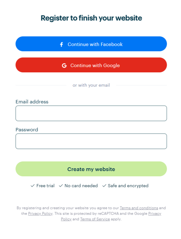 Webnode account registration interface