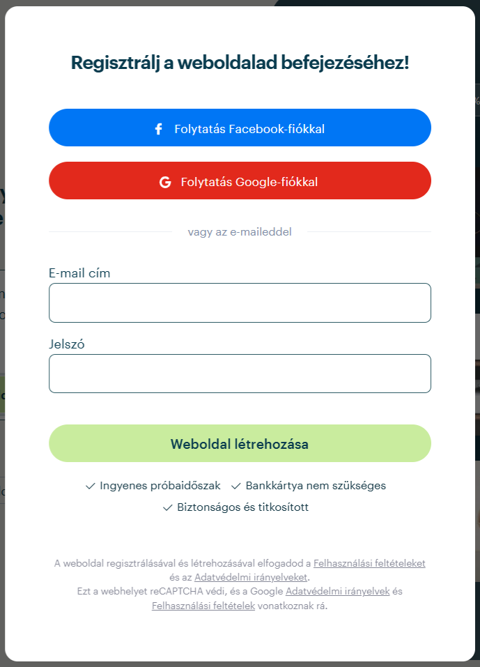 Képernyőkép a weboldal létrehozásának első lépéseiről a Webnode-ban: add meg az e-mail-címedet, és hozz létre egy jelszót