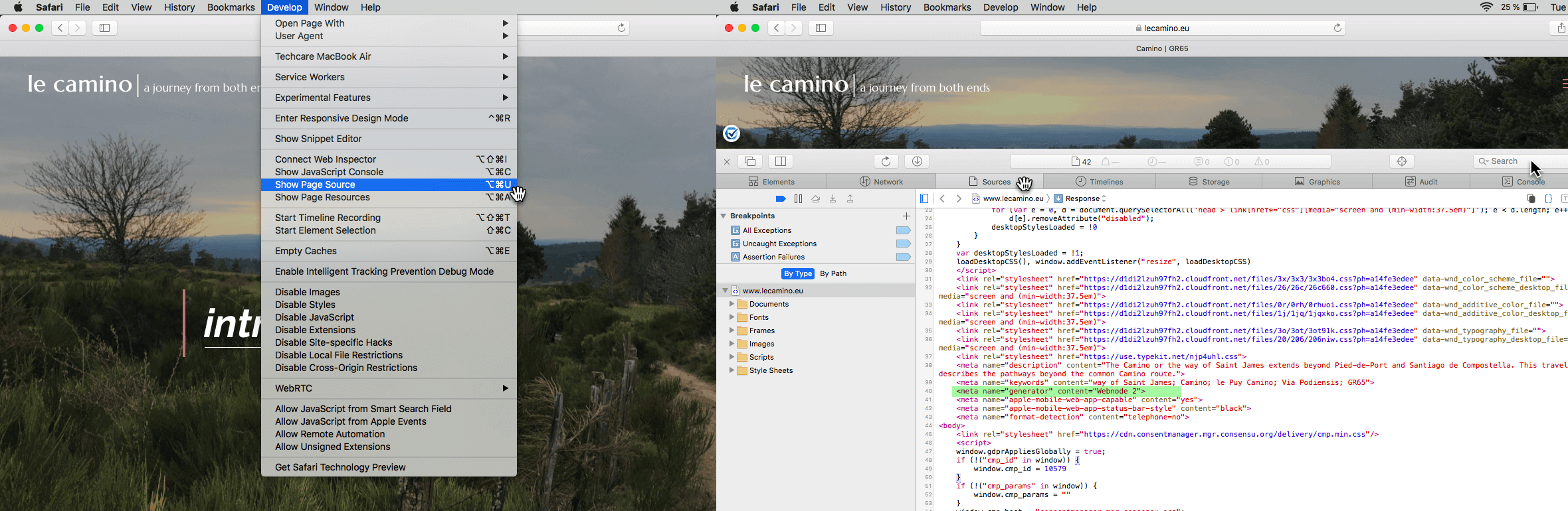 Quellcode im Safari Browser