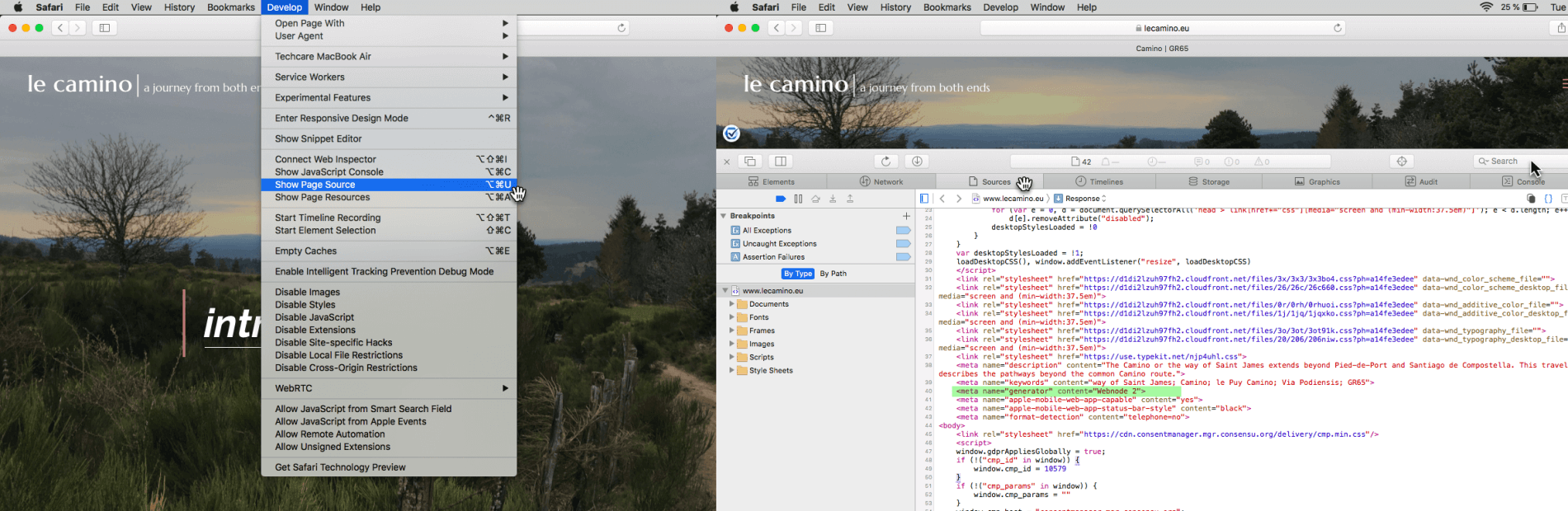 Source indicated in the develop tab of the Safari browser