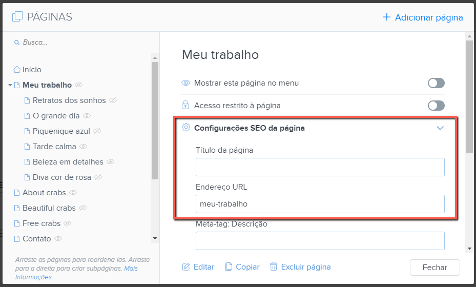 Titulo da aba, URL da página no editor Webnode