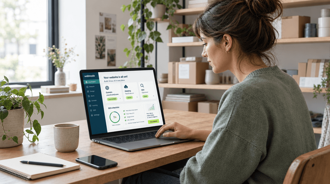 Woman checking a Webnode dashboard with domain, hosting and SEO checklist on a laptop