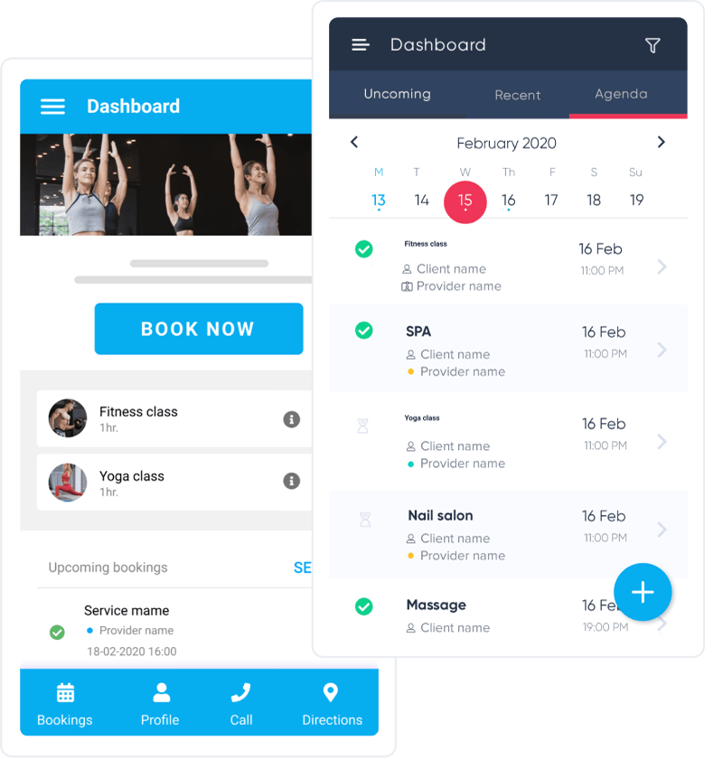 Admin and client app interface for managing bookings with Simplybook.me