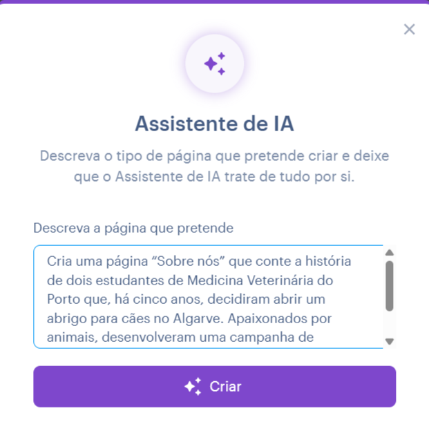 Exemplo de prompt para criação de página “Sobre nós” com o Assistente de IA da Webnode