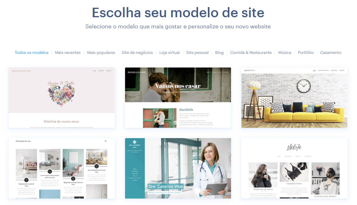 Modelos de site oferecidos por Webnode