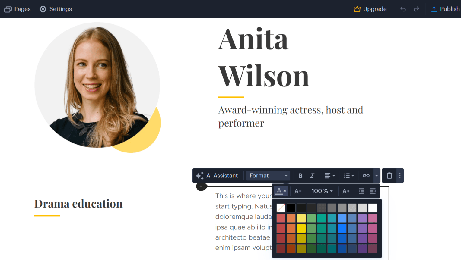 Editing a freelance portfolio page in the Webnode drag-and-drop editor, with a project gallery selected.