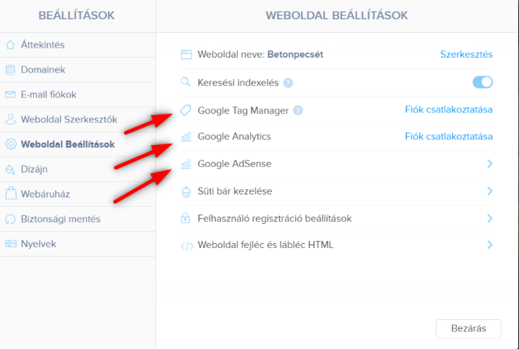 Webnode hozzájárulás beállításai