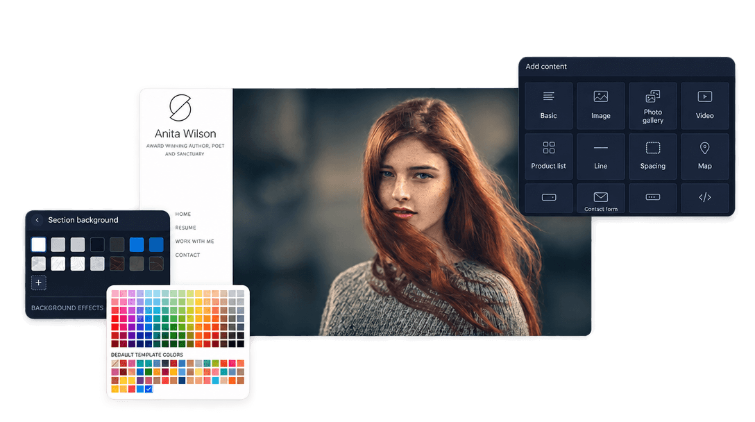 Webnode website editor with content blocks, section background options and color palette over a website