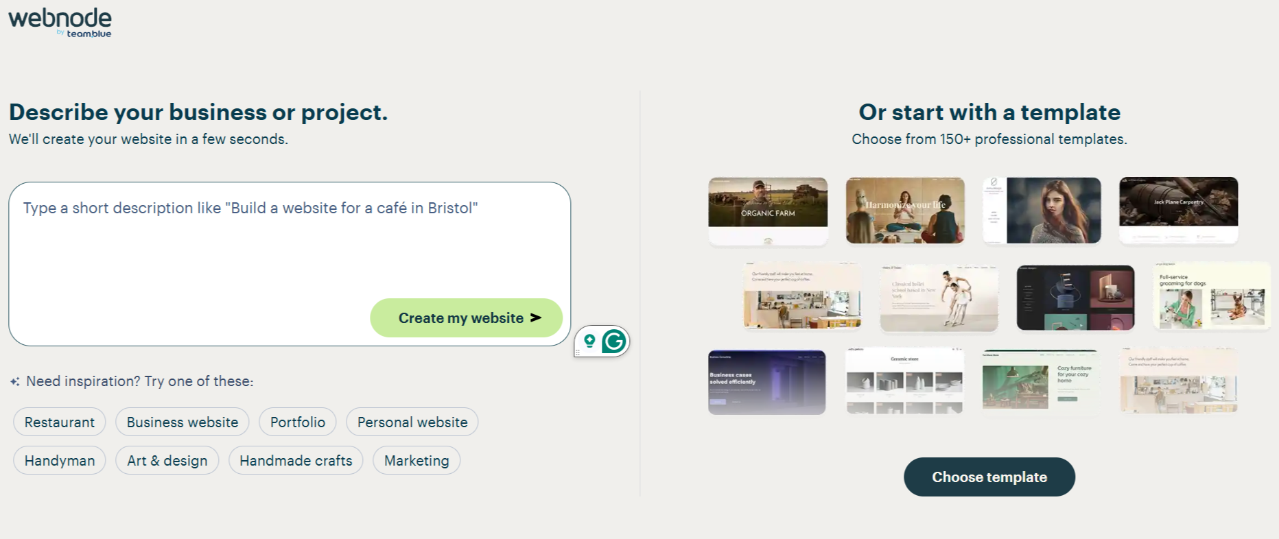 A screenshot of the prompt imput used to make an AI-built website in Webnode.