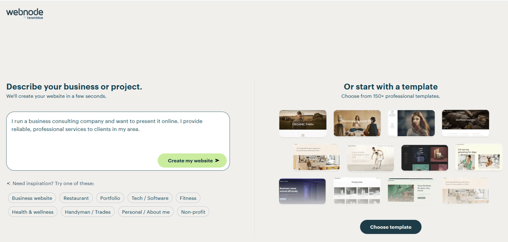 Screenshot showing website creation steps in the Webnode editor, with options for AI creation or ready-made templates