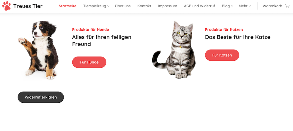 Widerrufsbutton auf der Hauptseite des Online-Shops
