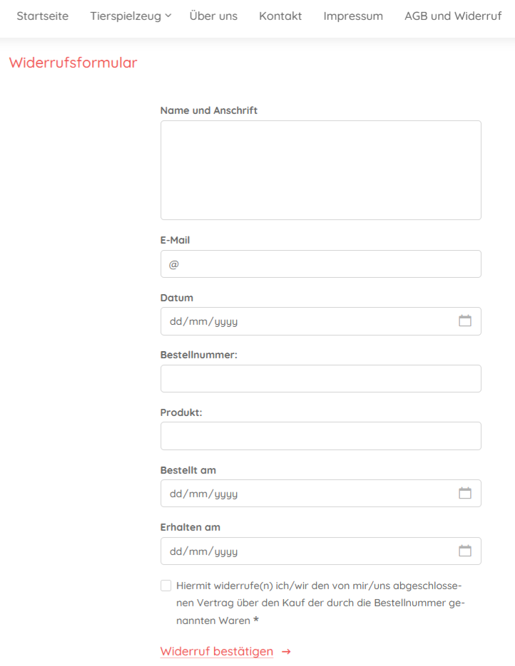 Beispiel des Widerrufformulares eines mit Webnode erstellten Online Shops